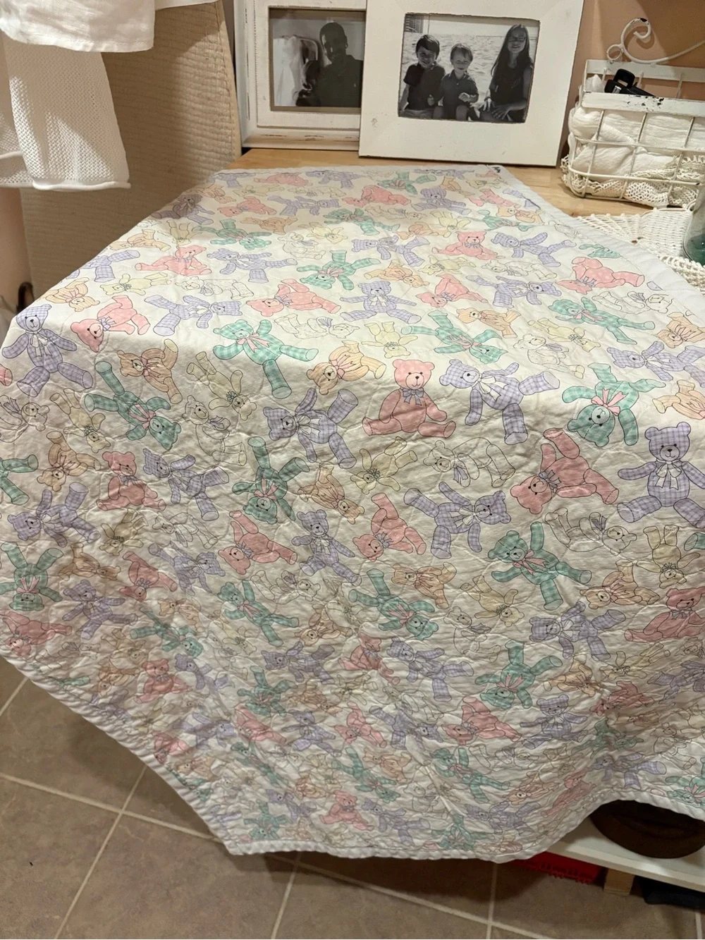 Vintage Pastel Teddy Bear Baby Quilt - Multi Pastel Colors